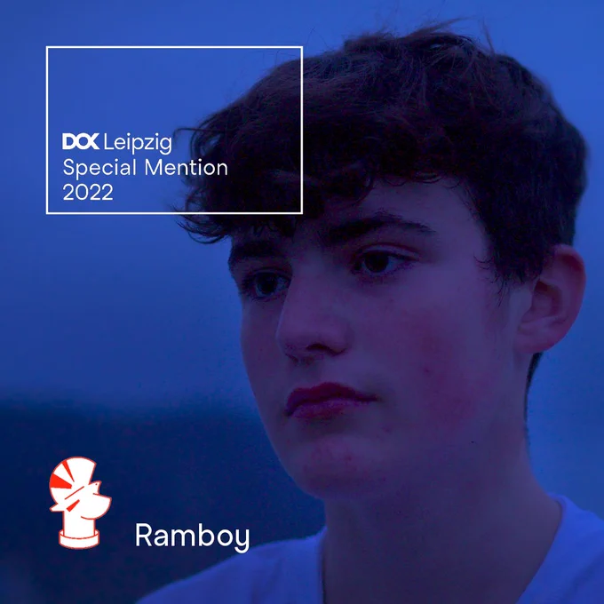 A portrait of an adolescent boy with fluffy hair, it seems to be at nightfall, because the scenery around him is set in a soft dark blue