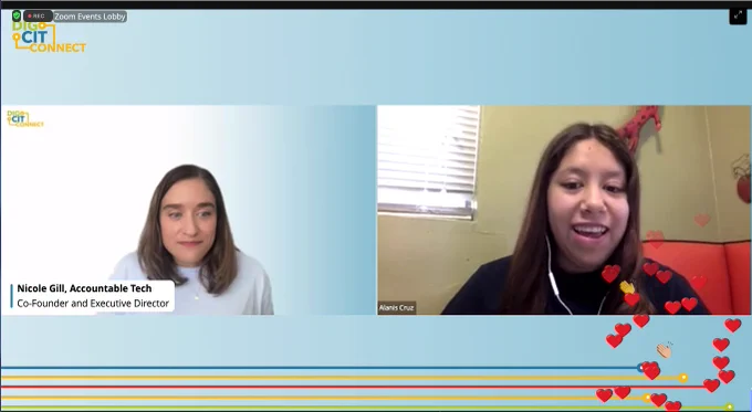 Image of Nicole, moderator, and student panelist, Alanis, with hearts, claps and celebration emojis floating upward.
