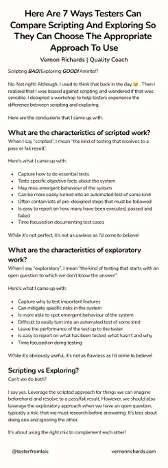 An image of my post that compares scripted testing work and exploratory testing work.