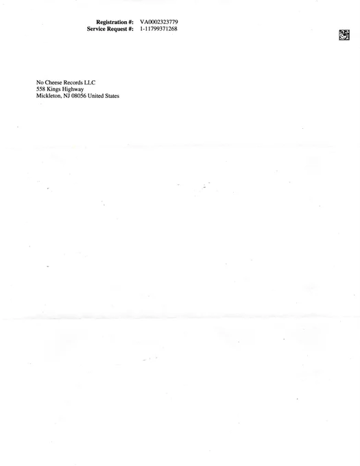 Copyright Registration received from the Copyright Office filed on October 7, 2022 and registered under VA 2-323-779 on October 18, 2022 for No Cheese Records Logo.