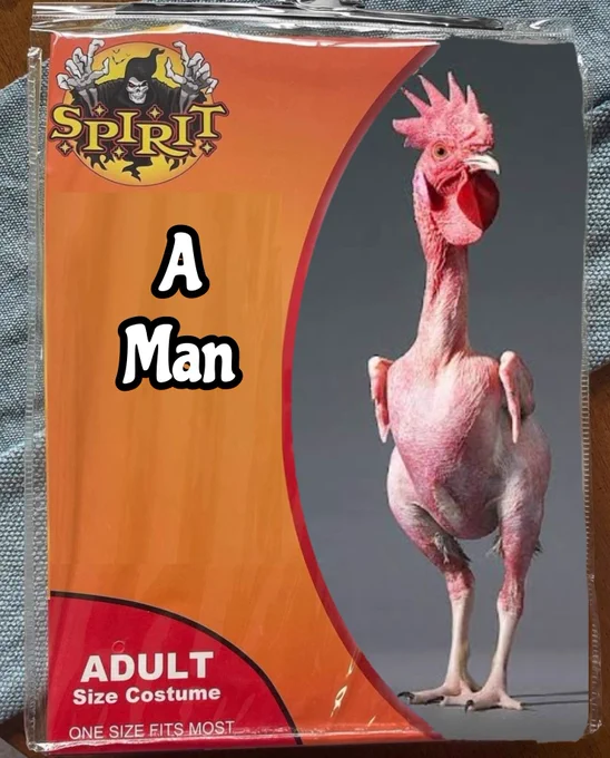 A Halloween costume showing a featherless chicken. Costume label is a man. 