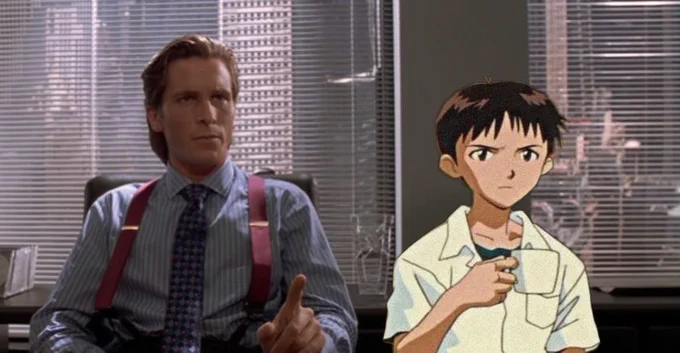 Patrick Bateman sitting down next to Shinji Ikari drinking from a mug with a judgemental look on his face.