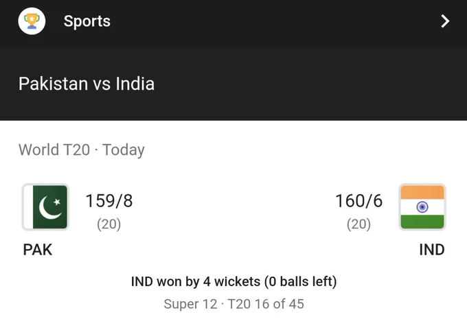 A screenshot of Google Search results showing the summary of India vs Pakistan cricket match, India has won by 4 wickets. 