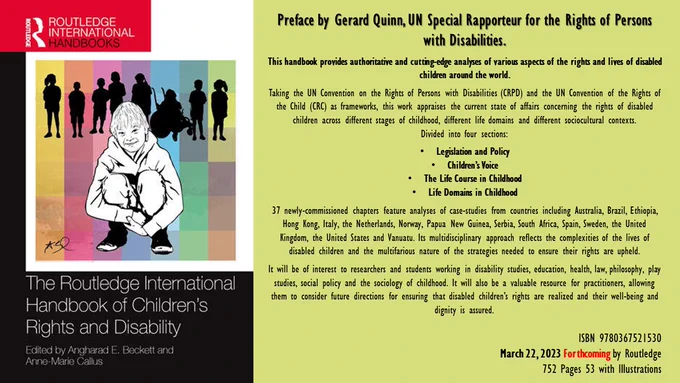 This is a flier for the handbook. On left, the cover. On the right, is the blurb, which can be read in full via the weblink in the tweet. The flier also says that the book includes a Preface by Gerard Quinn, UN Special Rapporteur for the Rights of Persons with Disabilities.