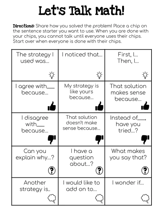 Graphic of fifteen different boxes, each of which contains a sentence stem that indicates learning, agreement, disagreement, a question, and a continued thought. Examples: "The strategy I used was..."; "I disagree with ____ because..."; "That solution makes sense because..."