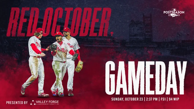 Gameday Graphic for Game 5 of the NL Championship Series vs. the San Diego Padres. In the top left corner, the text reads "Red October". Beneath the text is a cutout of the Phillies celebrating. On the bottom right is text that reads "Gameday. Sunday, October 23. 2:37 PM. FS1. 94 WIP". The background is blue with red smoke.