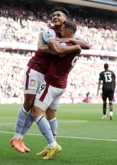 Ollie Watkins and Danny Ings celebrate at Villa Park.
