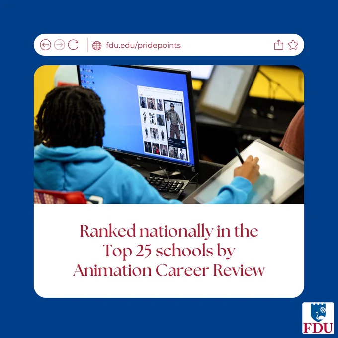 image of a student sketching on a tablet while looking at an example image on a computer. graphics reads "ranked nationally in the top 25 schools by animation career review".