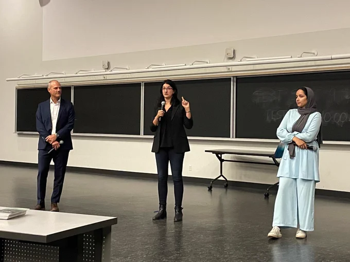 Panelists professor Christophe Richter, producer Sholeh Fabbri and alum Farheen Kadwa (HBSc '17 UTM, MEnvSc '20 UTSC).