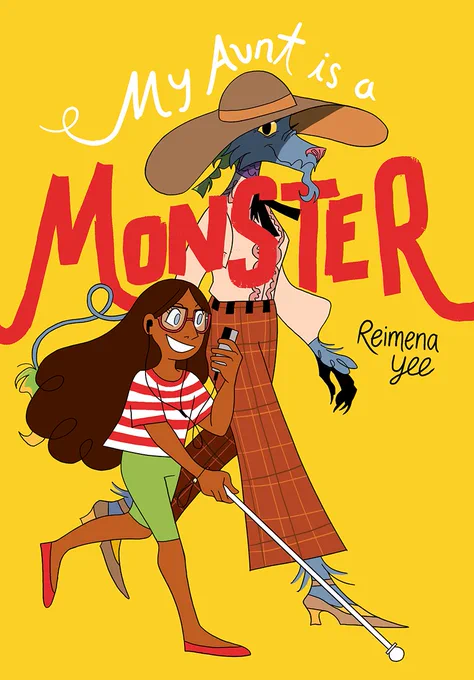 Cover of the graphic novel My Aunt is a Monster. A blind brown girl with long curly hair, red glasses, white-and-red striped shirt, green pants and a white cane speaks to her audio recording device. She is walking together with her aunt, a tall, fashionable blue-furred monster with a dog's snout and pink nose, yellow eyes, black claws, green braids and a giant sun hat that partially obscures her face. The title text is whimsically drawn. The background is solid yellow.