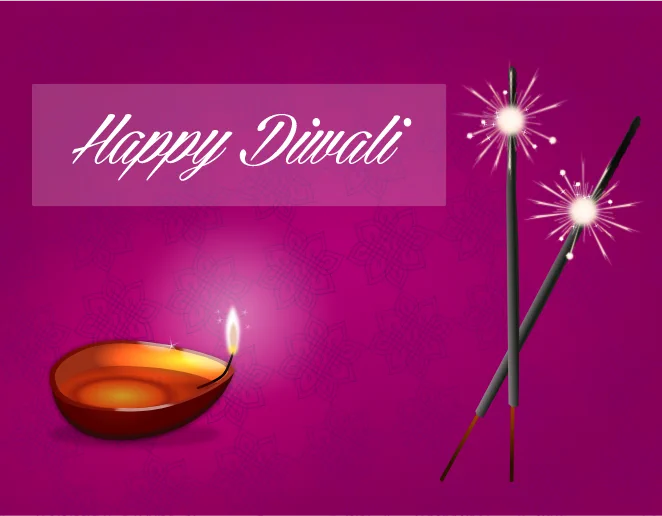 An illustration of an oil lamp and sparklers with the words Happy Diwali