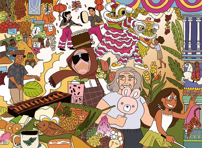 The monster aunt, Safia and their nanny walking through a montage of sights and sounds and smells of Southeast Asia