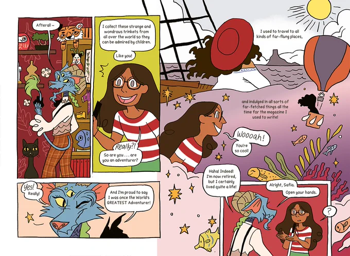 Preview pages of the comic. The monster aunt is dusting her collection of travel trinkets with her tail as she hypes up her long and packed career as an adventurer. Safia is amazed.