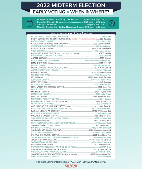 A graphic with Bexar County's early voting dates and locations for the midterm election. 
Monday October 24 - Friday, October 28: 8:00 am - 6:00 pm
Saturday, October 29: 8:00 am - 8:00 pm
Sunday, October 30: 12:00 pm - 6:00 pm
Monday, October 31 - Friday, November 4: 8:00 am - 8:00 pm
For a text-based list of locations, visit Bexar.org/Elections