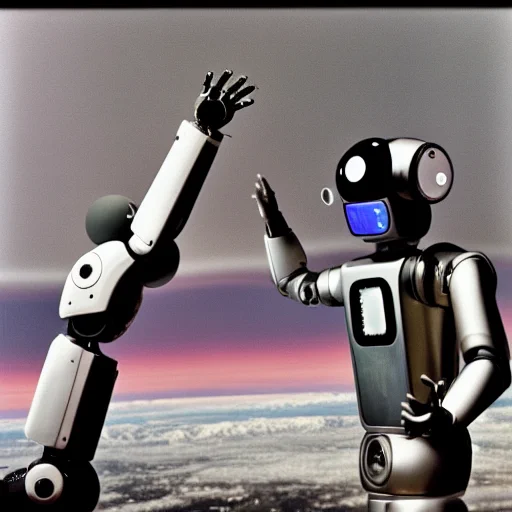 two robots exchanging hifives after labeling data.