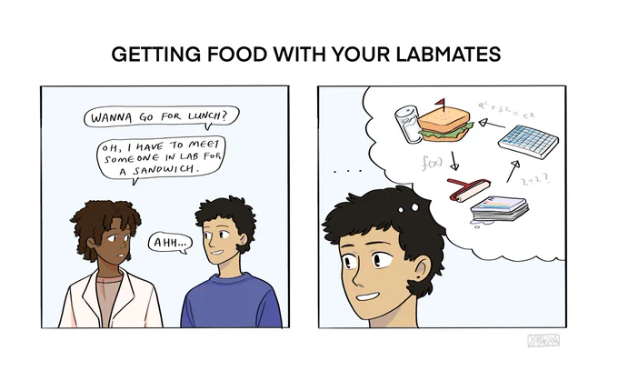 Panel 1: "Wanna go for lunch?" one lab member asks another. "I have to meet someone in lab for a sandwich," the other says.
Panel 2: The first lab member's mind collapses in confusion between regular, western blot, and ELISA varieties of sandwiches.
