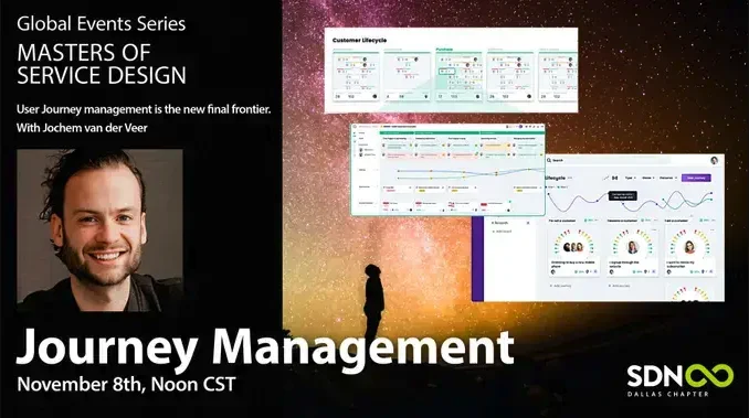 Journey Management, November 8th, Noon CST. Global Events Serires. Masters of Service Design. User Journey management is the new final frontier. With Jochem van der Veer. SDN Dallas Chapter. A photo of Jochem smiling. Another photo of a silhouette of a man looking at the stars amid which sit 3 screenshots of the TheyDo web app of personas and journey maps.