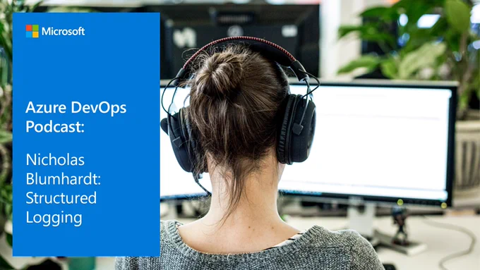Image showing the Azure DevOps Podcast title slide on the left and a developer sitting in front of their computer while listening to a podcast through headphones on the right.