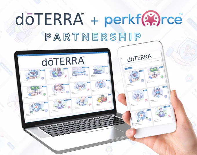 doTERRA and perkforce logos, including a view of how perkforce platform on a laptop and a mobile.