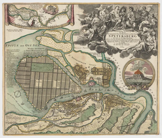 lushly colored map of St. Petersburg with a tapestry drawn above to show the river inland, a large cartouche in the upper right showing historical and mythological figures, and an inset with the fortified island 