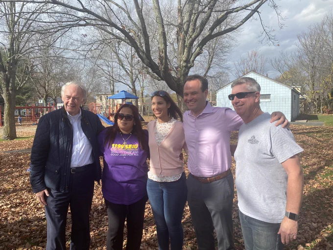 Senator Markey, a representative from SEIU 1199, State Rep. candidate Shirley Arriaga, State Senator Eric Lesser, and State Rep. Joe Wagner stand together at a GOTV event in Chicopee.