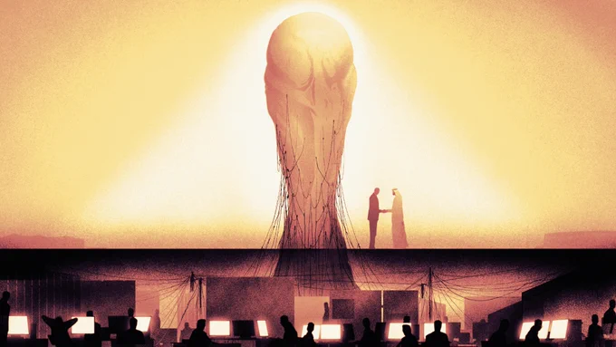An illustration shows a businessman and a Qatari shaking hands next to a giant bright World Cup trophy. The trophy is covered in wires that lead down to a shadowy subterranean room full of people on computers beneath the two men's feet.