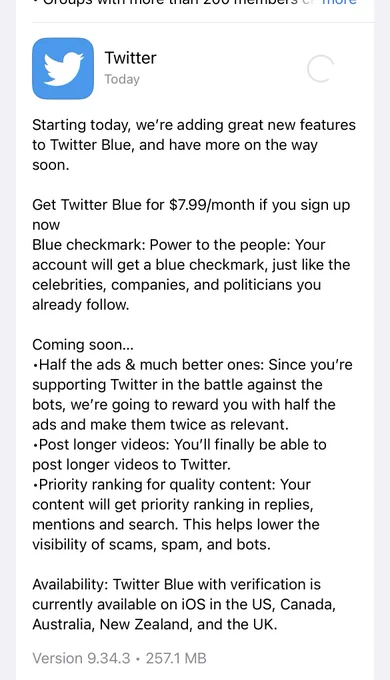 Screenshot of new app release notes including Blue for $7.99 a month