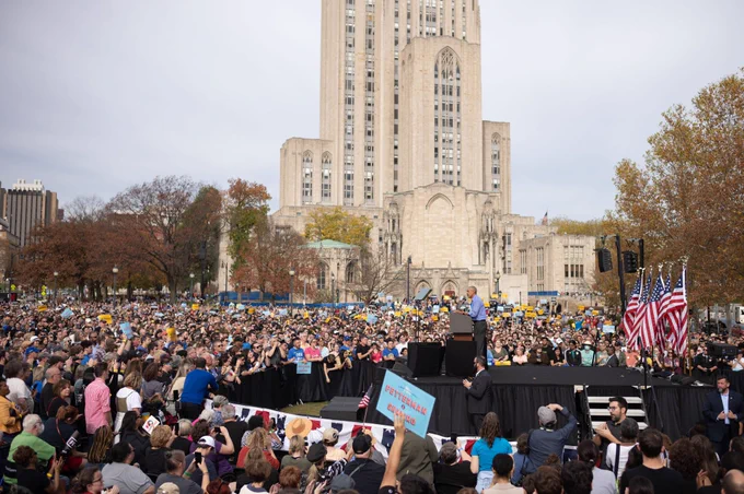 President Obama speaks at a podium at a Get Out the Vote rally supporting Democratic candidates up and down the ballot in Pennsylvania.