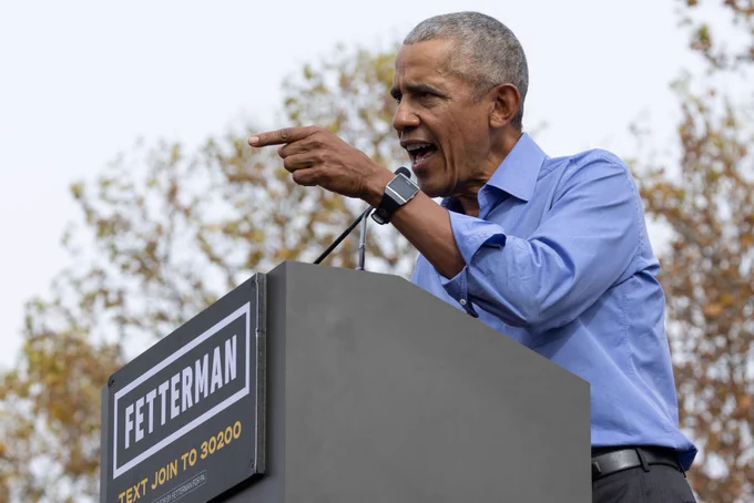 President Obama speaks at a podium at a Get Out the Vote rally supporting Democratic candidates up and down the ballot in Pennsylvania.