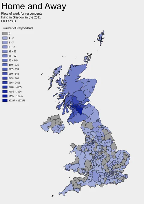 A map showing the distribution of workplaces from the respondents of the 2011 UK Census.
