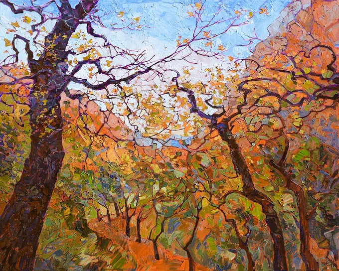 Painting featuring trees in autumn colours of gold and orange, with trunks and curved branches to the left and right which bend to the centre of the artwork under a pale blue sky