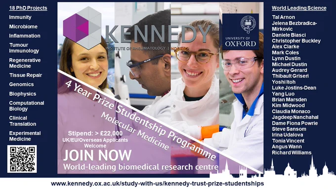 Kennedy Trust Prize Studentships, Kennedy Institute of Rheumatology, excellent opportunity, deadline 9th Dec 2022. Fully funded non-clinical (UK/ROI & international) 26.6K Stipend, 12.2K consumables/yr, 2.5K travel.  Clinical studentships E63/E64 payscale. https://www.kennedy.ox.ac.uk/study-with-us
