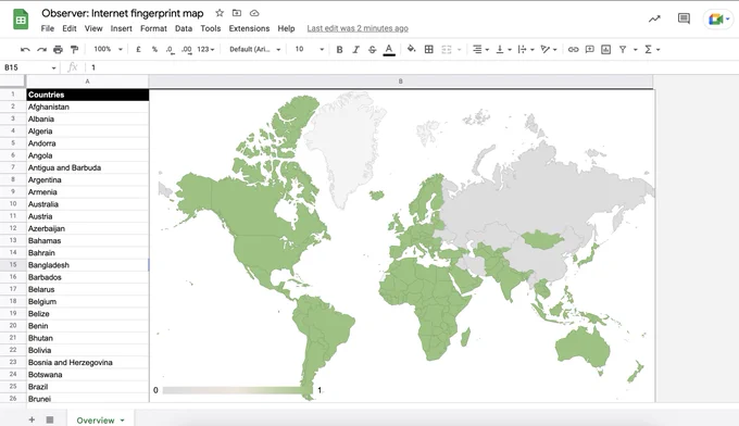 Internet world scan map: China, Iran, Iraq, Kazakhstan, Myanmar, North Korea, Russia, and Ukraine are not highlighted.
