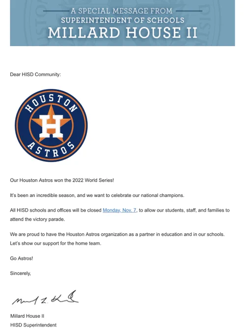 Screenshot of email announcing HISD will be closed Monday, Nov. 7 for Astros victory parade.