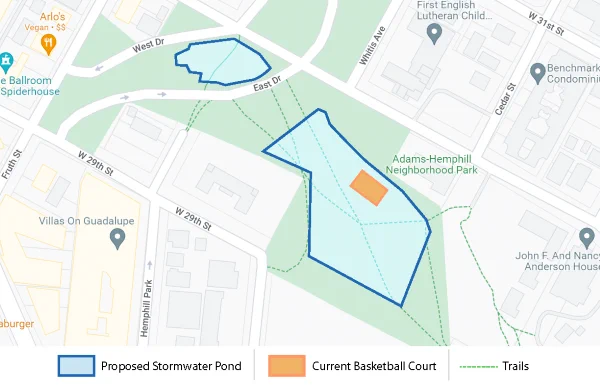 Map showing proposed location of retention ponds in Adams-Hemphill Park.