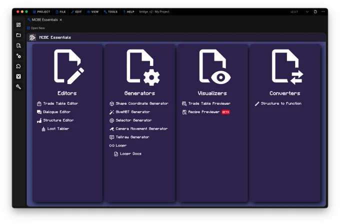 Screenshot showing MCBE Essentials opened within bridge.