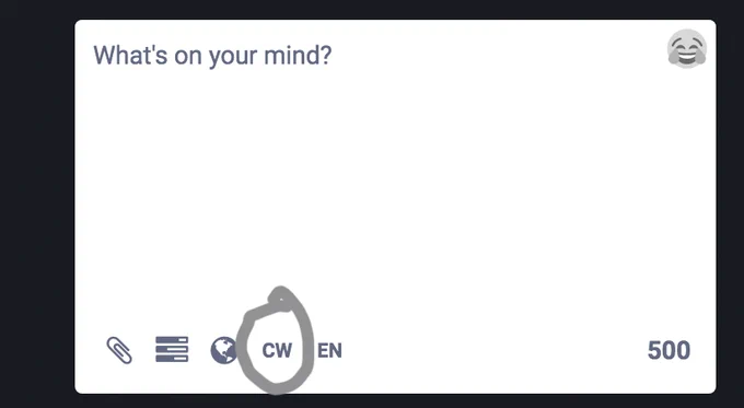 Screenshot of Mastodon with content warning icon circled. 