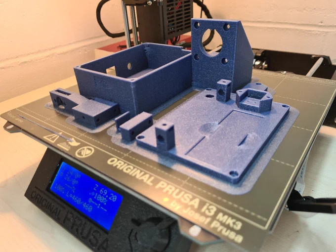 The autohaem smear  automated blood smearing device finished printing on a Prusa i3 MK3 3D printer.