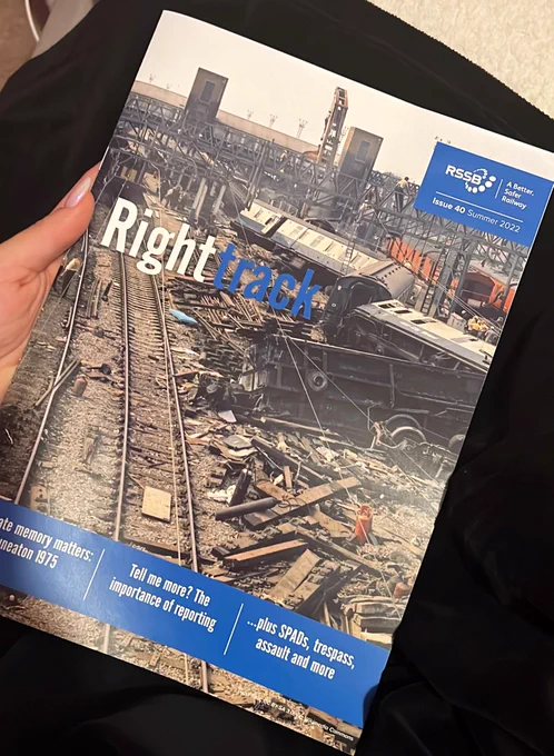 The front cover of RSSB’s Right Track magazine, Issue 40. The cover image shows the derailment of a sleeper train in Nuneaton in 1975.