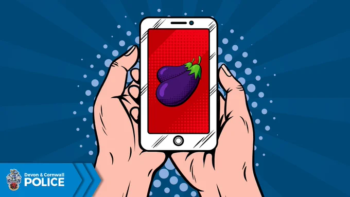Pop Art style illustration of a pair of hands holding a mobile phone with a picture of aubergines on the screen.