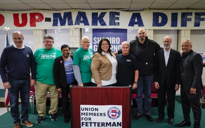 Me standing with labor leaders and elected leaders including Sen. Casey, Gov. Wolf, and Sen. Hughes.