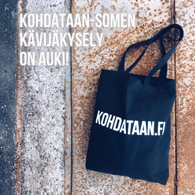 Kuvassa Kohdataan-kangaskassi ja teksti: Kohdataan-somen kävijäkysely on auki!