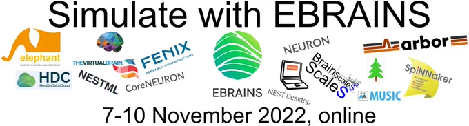 Banner "Simulate with EBRAINS" displaying the logos of many tools (Elephant, TheVirtualBrain, HealthDataCloud, Fenix, CoreNEURON, EBRAINS, NEST Desktop, NEURON, BrainScaleS, MUSIC, Arbor, PyNN, SpiNNaker) and the text "7-10 November 2022, online".