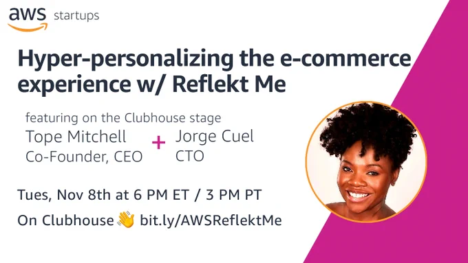 The average clothing size of an American woman is now between 16 and 18. This has huge implications for ecommerce, such as the $428 billion in returned merchandise that gets sent to landfills!

We invite Tope Mitchell, Ph.D. (CEO & Co-founder) and Jorge Cuel (CTO) of Reflekt Me to talk about how the customer e-commerce experience is broken today, creating bespoke online shopping experiences to improve conversion & customer satisfaction, and building a SaaS product from scratch.

Join us for our underrepresented founders edition of the AWS Startups Show on Tuesday, November 8th at 6 PM ET / 3 PM PT 👋

See the comments for the link to part be of the conversation and look forward to seeing you then!

And sincere thanks to Greeshma Nallapareddy, Rachel White, Jillian Forde, Lily Yuen Xu, Daryle Whyte, Charlotte N. for their continued support of our underrepresented founders talks 👏👏👏

#AWS #startups #ecommerce #fashion