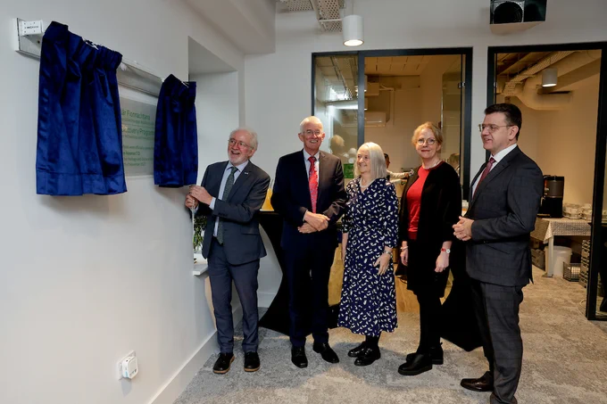 Minister of State for Heritage and Electoral Reform, Malcolm Noonan TD, Chairperson of The Discovery Programme Mr Tom Dowling, Chairperson of The Heritage Council Dr Martina Moloney, CEO of The Heritage Council Ms Virginia Teehan, CEO of The Discovery Programme Dr John O' Keeffe, unveil plaque