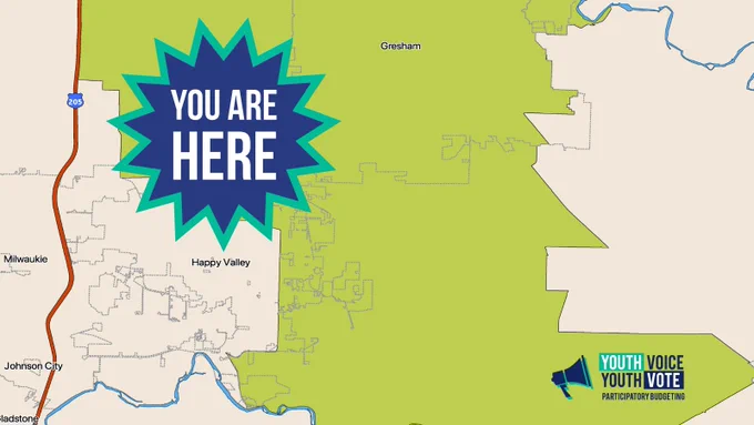 A map with a large area of the East Portland Metro Region shaded in light green with a starburst shape on top labeled You Are Here and a logo for Youth Voice Youth Vote.