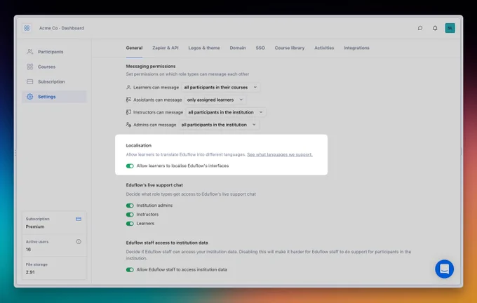 Screenshot of the new localisation feature enabled in Eduflow's app interface