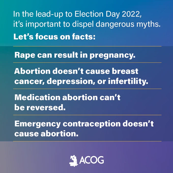 Text: 
•Rape can result in pregnancy.
•Abortion doesn't cause breast cancer, depression, or infertility.
•Medication abortion can't be reversed.
•Emergency contraception doesn't cause abortion.