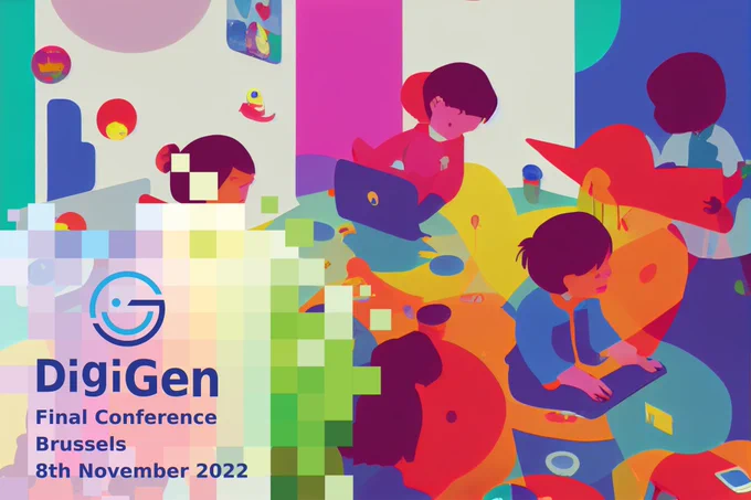 Colourful graphic displaying DigiGen Final Conference Brussels 8th November 2022