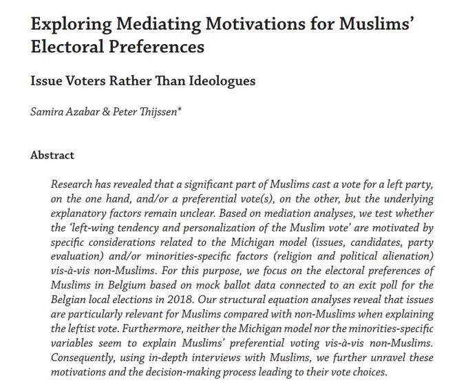 Picture of the abstract of the second article of PLC 22-02. The title is "Exploring Mediating Motivations for Muslims’ Electoral Preferences". The authors are Samira Azabar and Peter Thijssen. 

